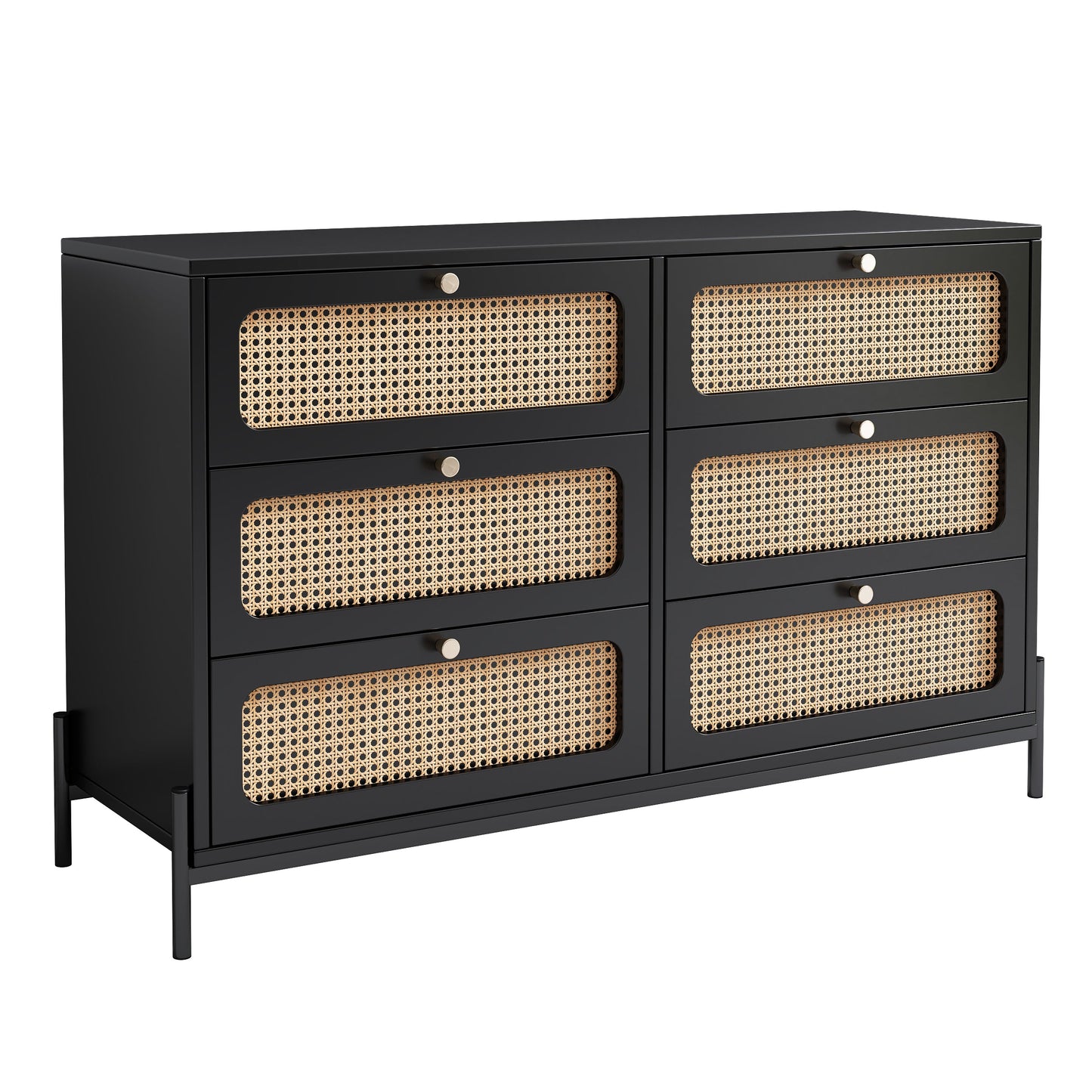 Commode moderne en bois de vignes de chanvre à 6 tiroirs en noir