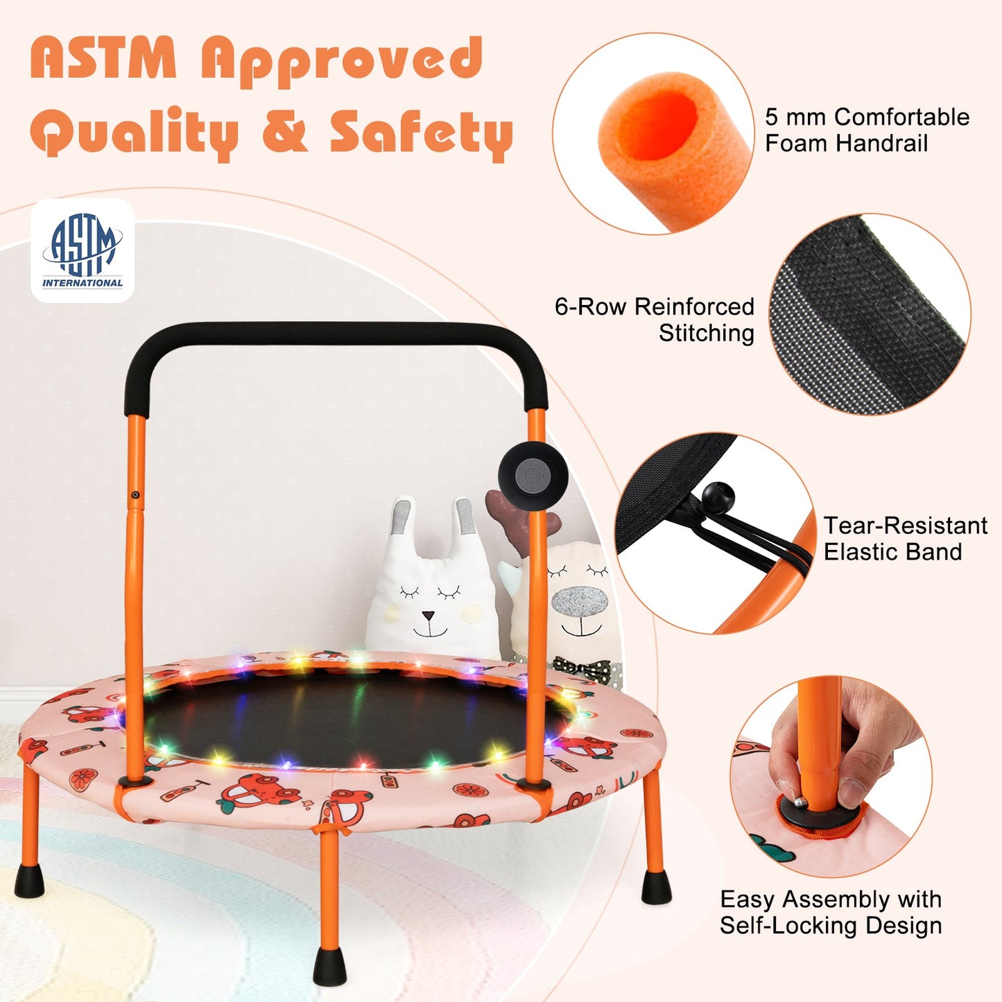 Trampolín Mini de 36 Pulgadas con Luces LED y Altavoz Bluetooth - Naranja