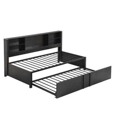 Cama nido de metal tamaño twin con trundle, almacenamiento y puertos USB - Negro