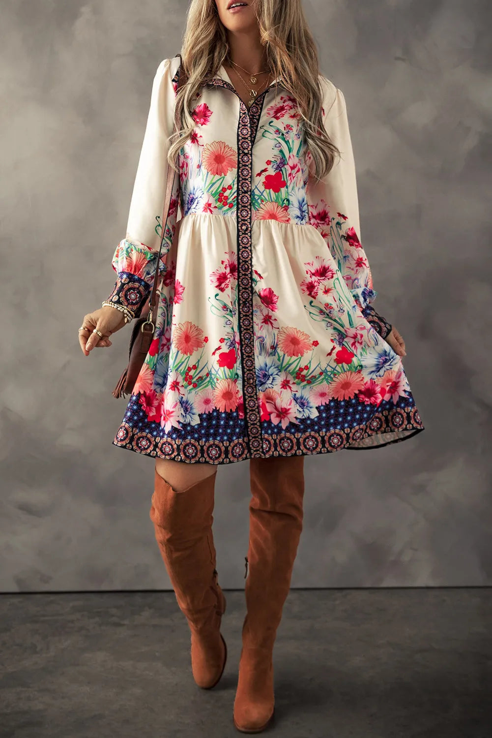 Vintage Floral Button Down Lantern Sleeve Dress