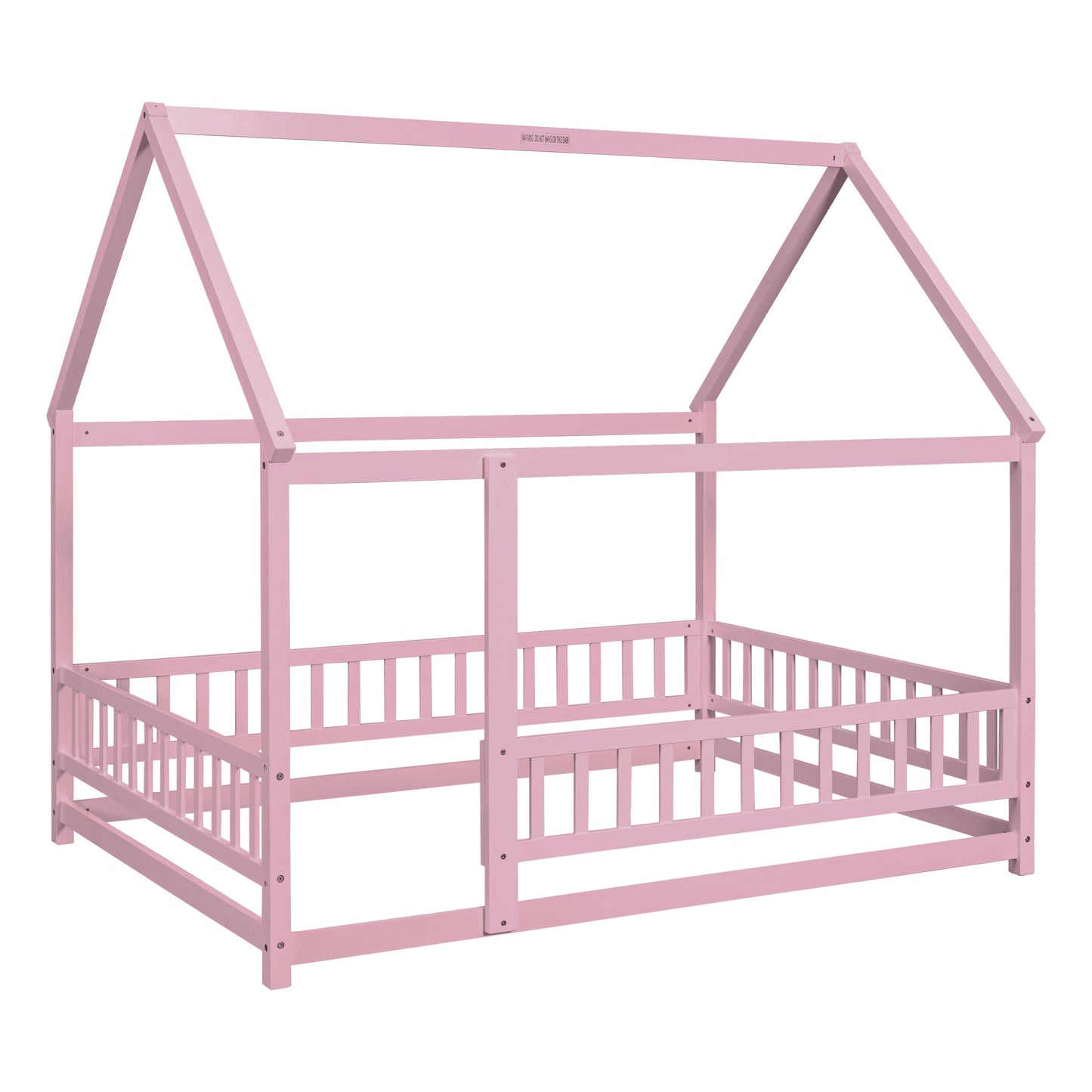 Full Size Floor Wooden Bed with House Roof Frame, Fence Guardrails ,Pink - Korvel