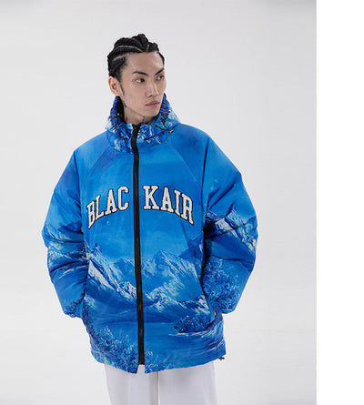 Snow Mountain Blue Embroidered Cotton Puffer Jacket