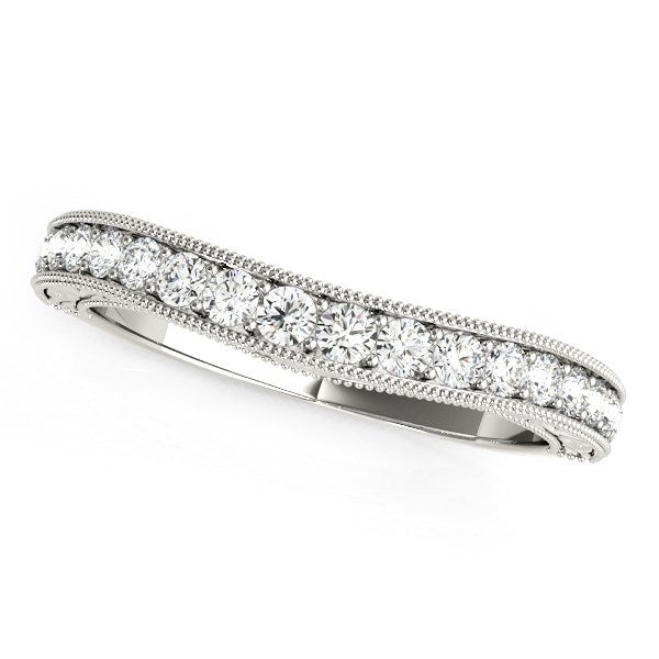Bague de mariage en diamant courbé avec bord perlé en or blanc 14 carats