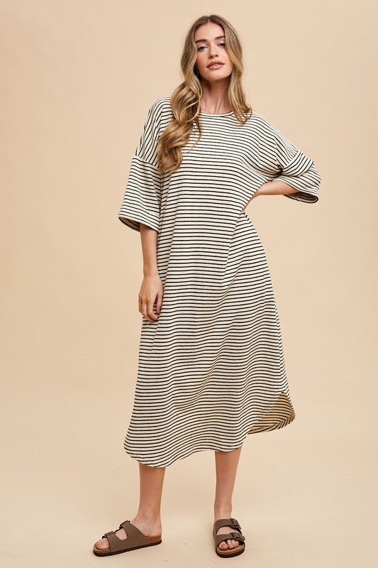 Striped Round Neck Midi Dress - Soft & Stylish Classic Design