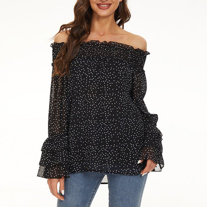Blouse en Chiffon Élégante à Manches Longues et Épaules Dégagées avec Pois
