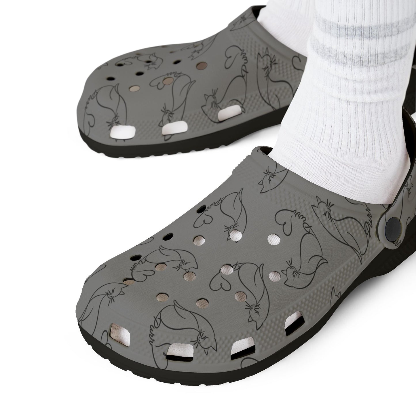 Minimalist Cat Line Art EVA Clogs – Grey Slip-Ons