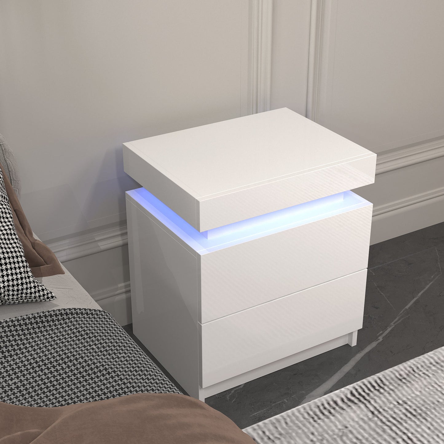 Modern white Nightstand With 2 Storage Drawers,Led Lights, End Table For Bedroom Furniture - Korvel
