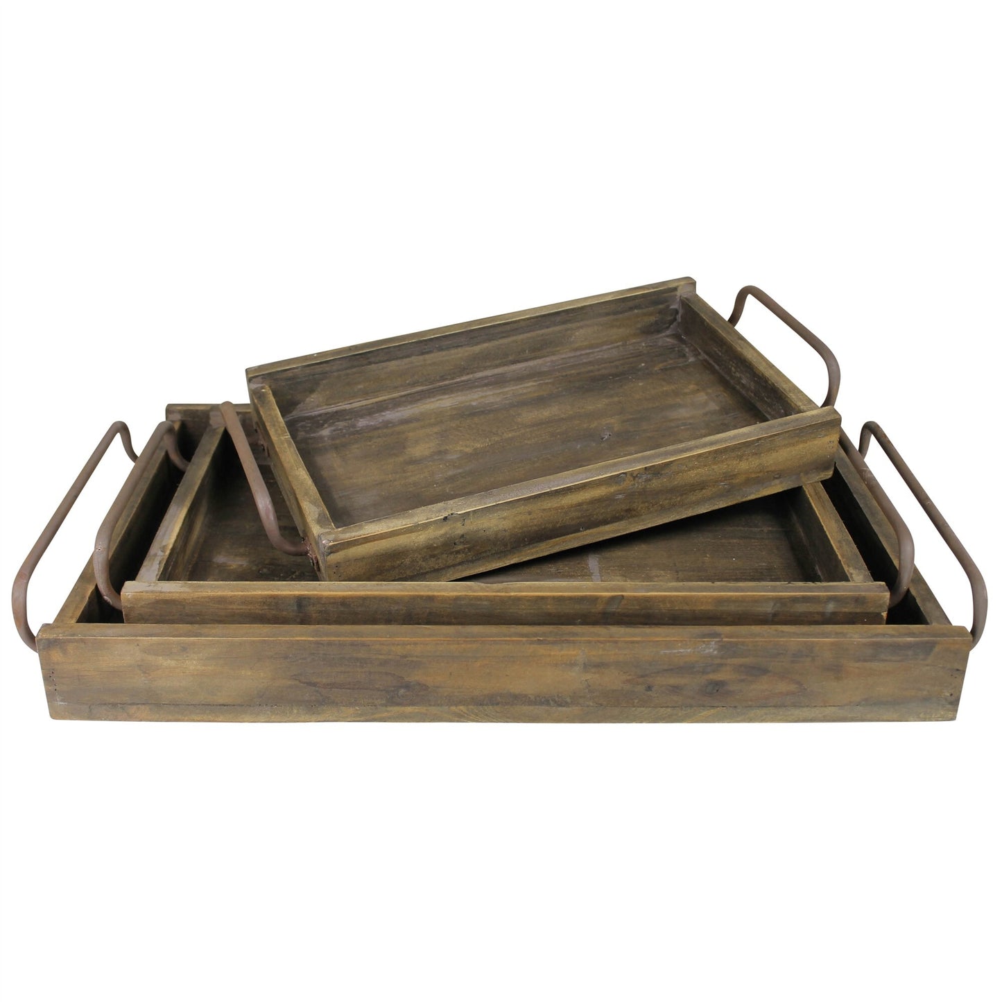 Set of Three Dark Brown Wood Indoor Outdoor Tray With Handles - Korvel-Food Inc.