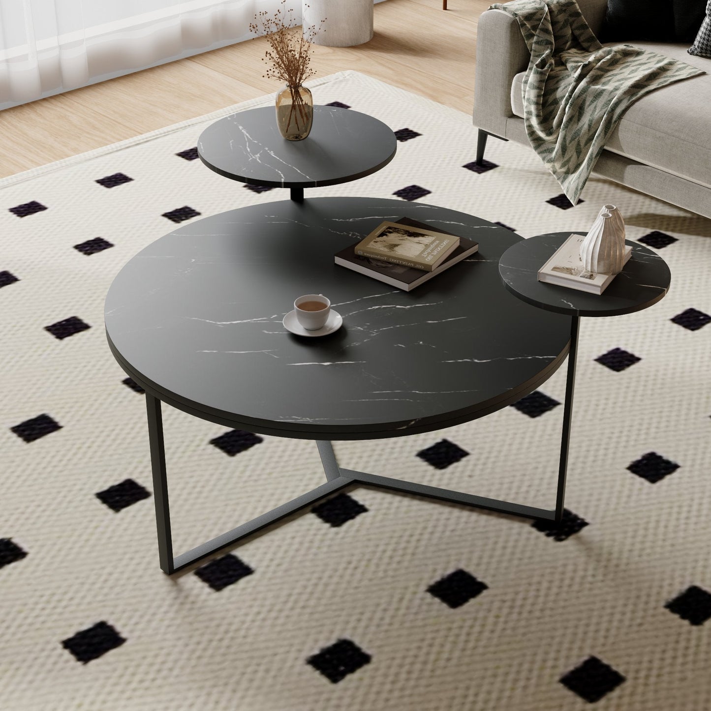 Modern coffee table with two display shelves, Black Faux marble surfaces, Tripod-inspired base,Rounded tabletop edges - Korvel