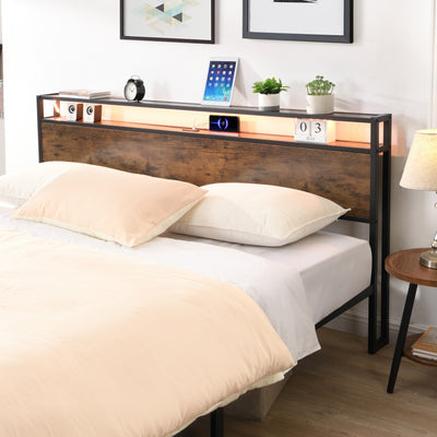 Industrial extra large bed frame with LED lights and 2 USB ports, extra large bed frame with storage space, rural brown color - Korvel
