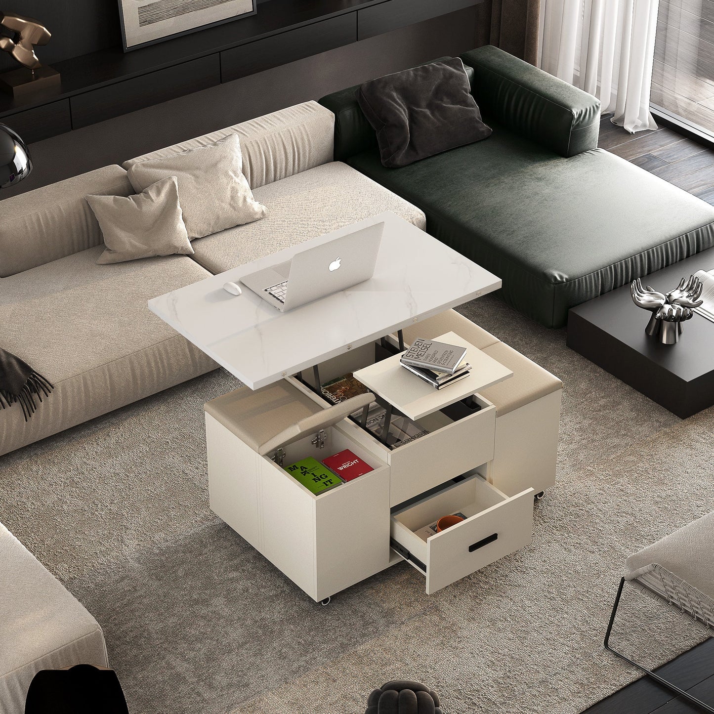 Modern Lift-Up Coffee Table with Storage and Stools