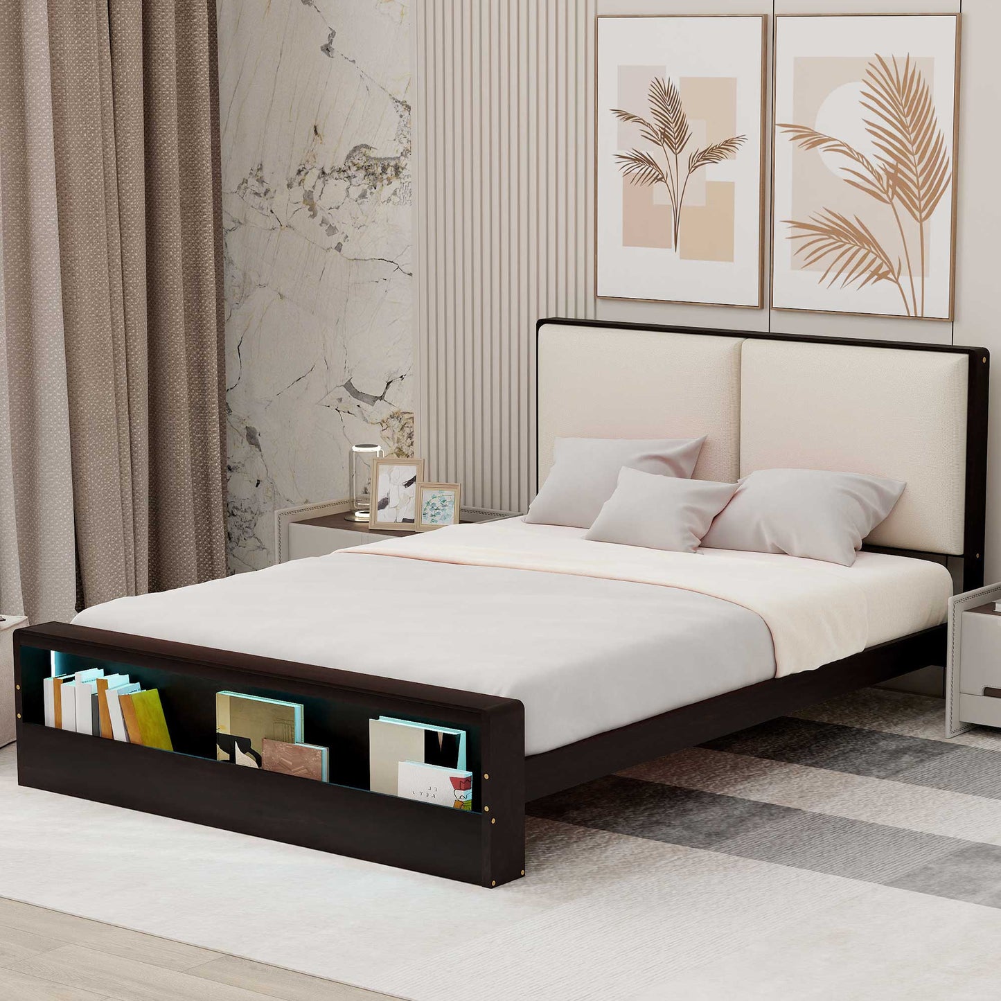 Queen Size Platform Bed Frame with Upholstery Headboard and Bookshelf in Footboard and LED Light Strips, Espresso - Korvel