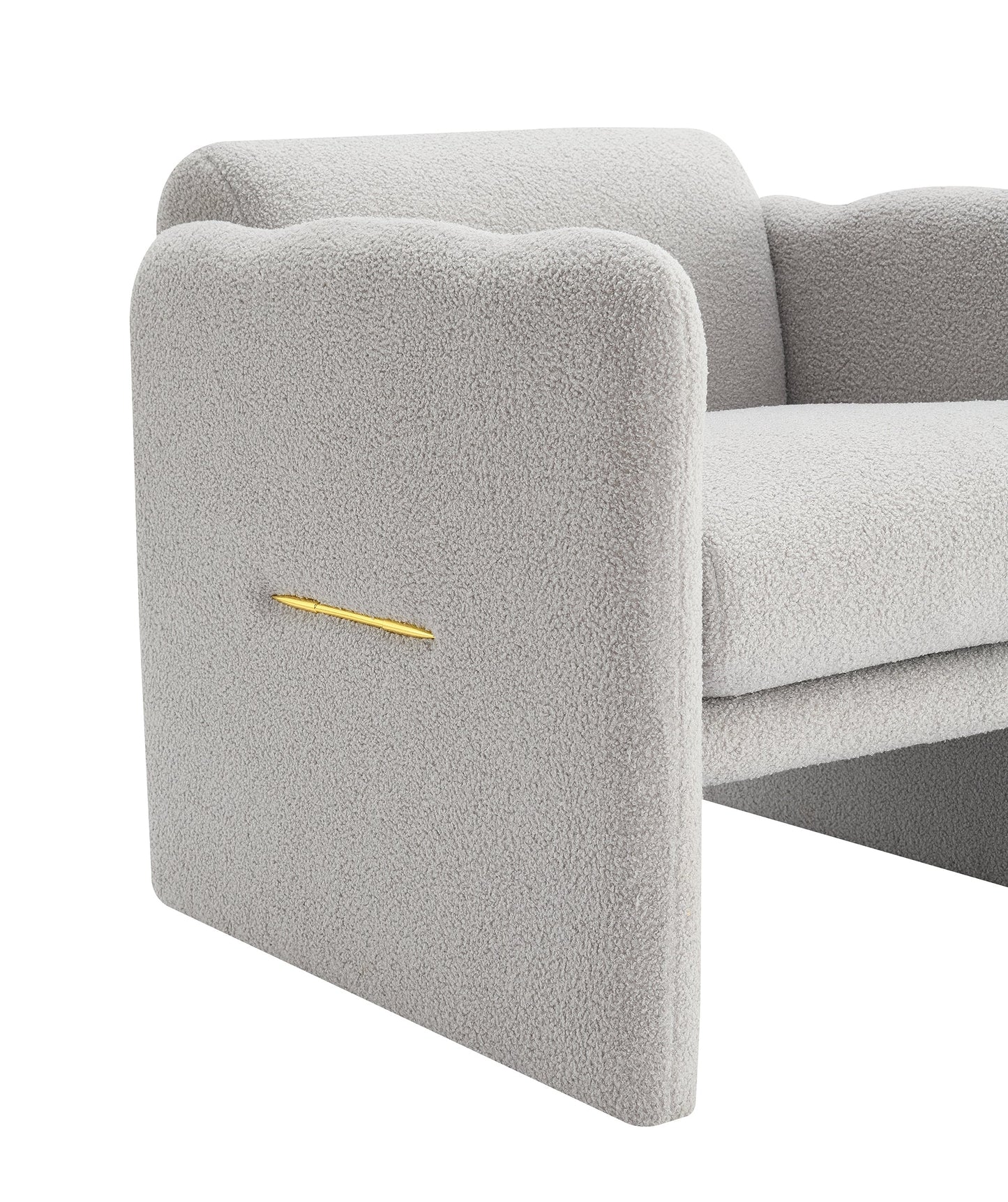 Armchair with wavy armrests, metal decorations on both sides of the armrests, made of Teddy cloth, light gray - Korvel