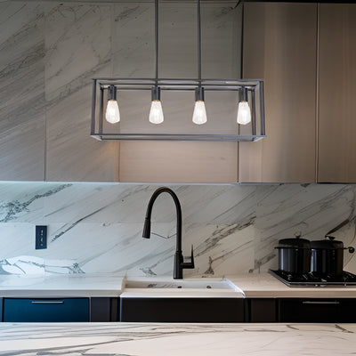 Pendant Lighting 4 Light Industrial Vintage Open Frame Rectangle Chandeliers Modern Black Linear Cage Ceiling Light Fixture - Korvel