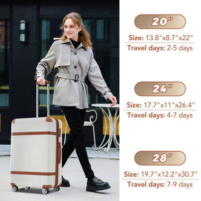 Hardshell Luggage Sets 3 Piece double spinner 8 wheels Suitcase with TSA Lock Lightweight 20''24''28'' White + ABS - Korvel