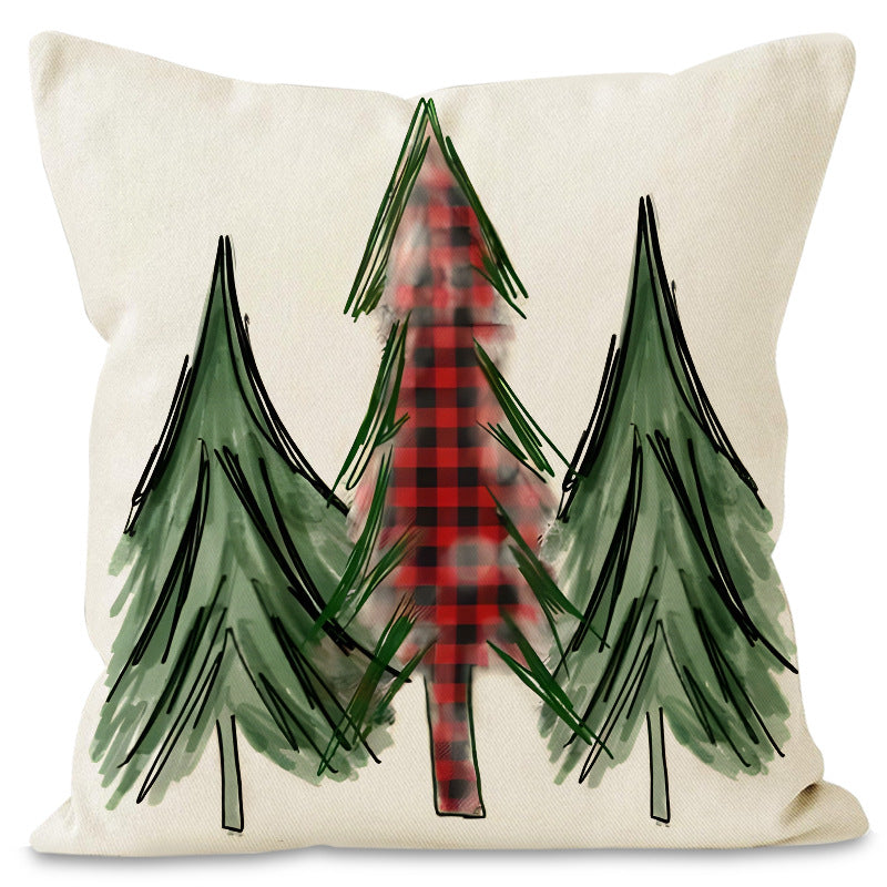 Christmas Tree Print Linen Pillow Cover for Holiday Decor