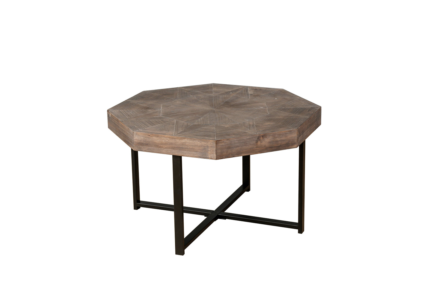 Mesa de café octagonal de madera marrón antigua con patas de metal