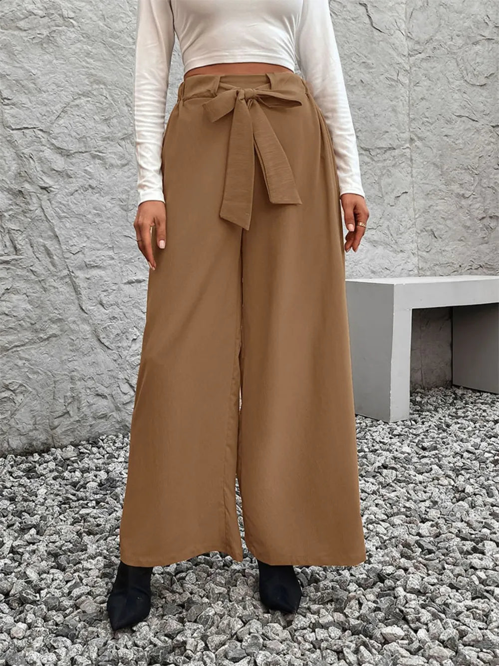 Pantalons larges à taille haute avec lien