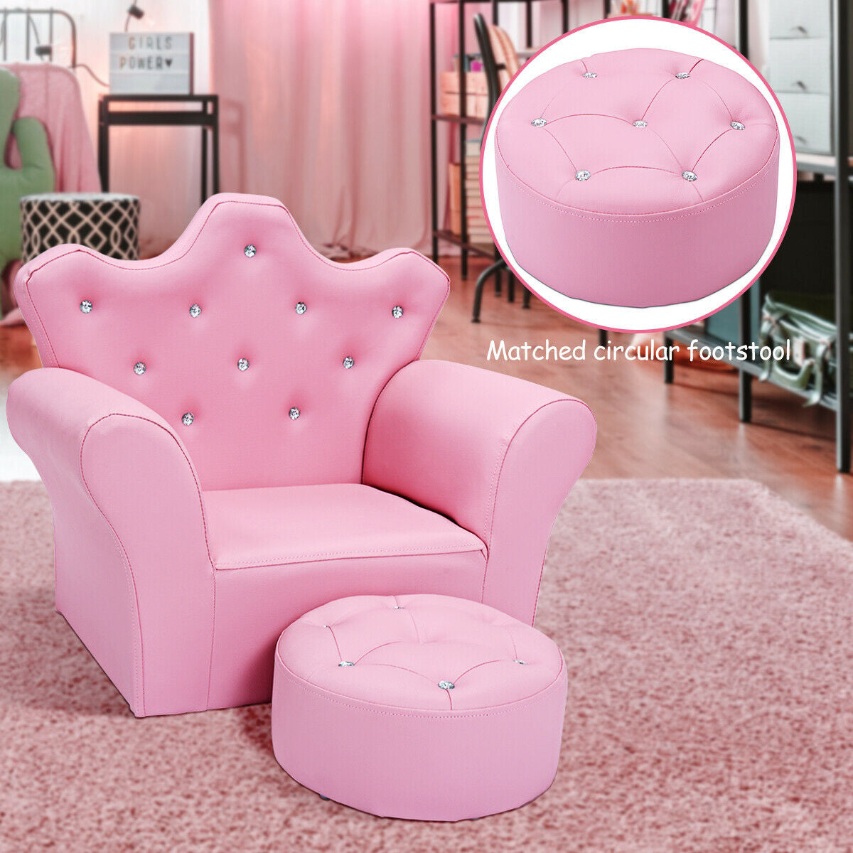 Sofá Infantil Rosa con Reposabrazos y Otomana