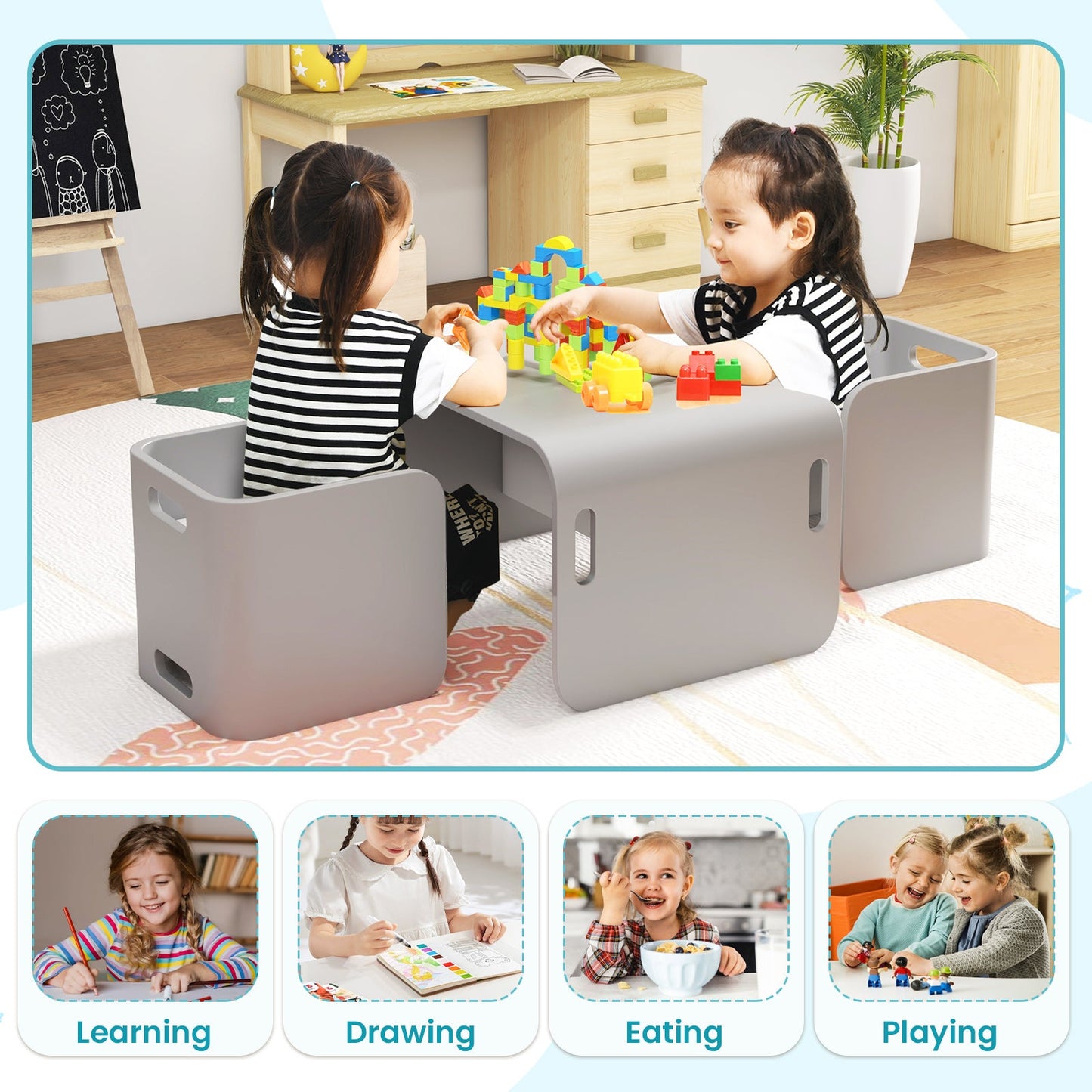 Ensemble de Table et Chaises en Bois pour Enfants - Gris