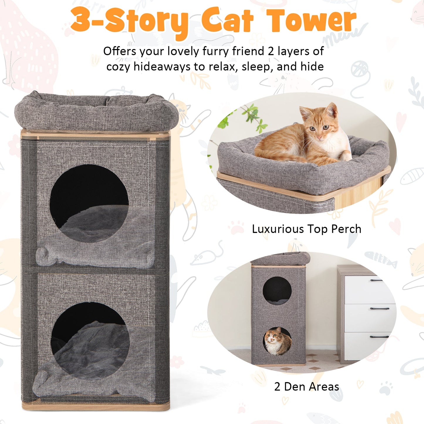 Maison pour chats à 3 étages avec planche à gratter pour chats d'intérieur