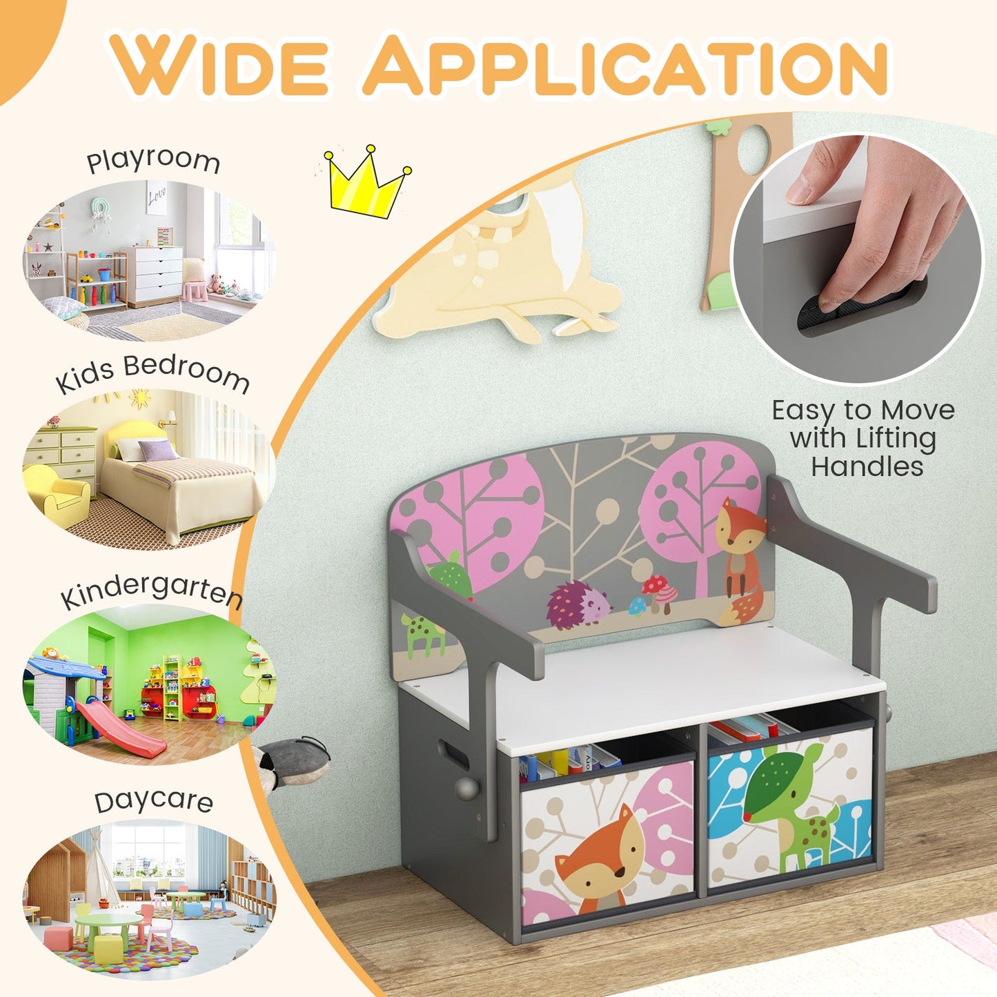 3 in 1 Kids Convertible Activity Bench with Storage - Gray