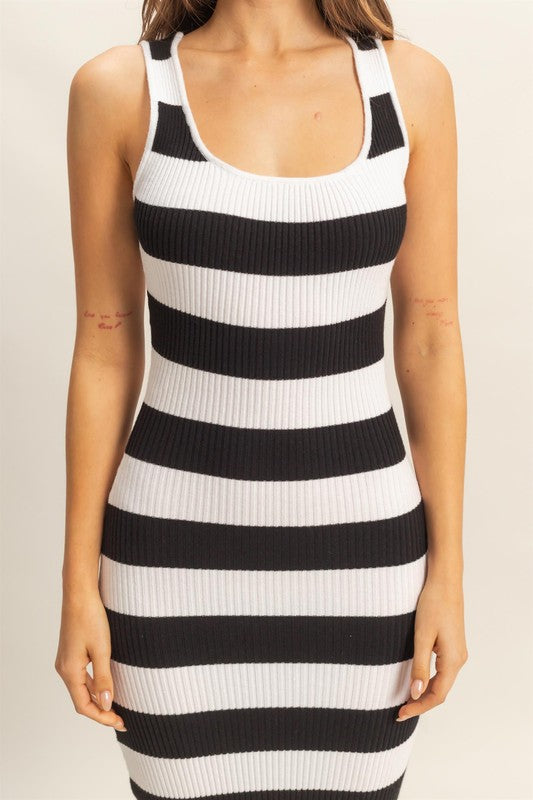 Robe en Tricot à Rayures avec Encolure Scoop et Bretelles Larges pour Femmes