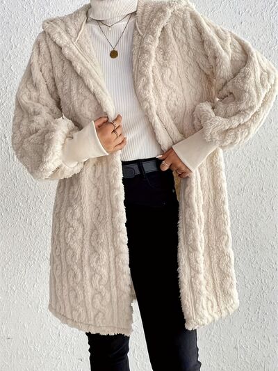 Beige Long Sleeve Fuzzy Hooded Jacket - Cozy Outerwear