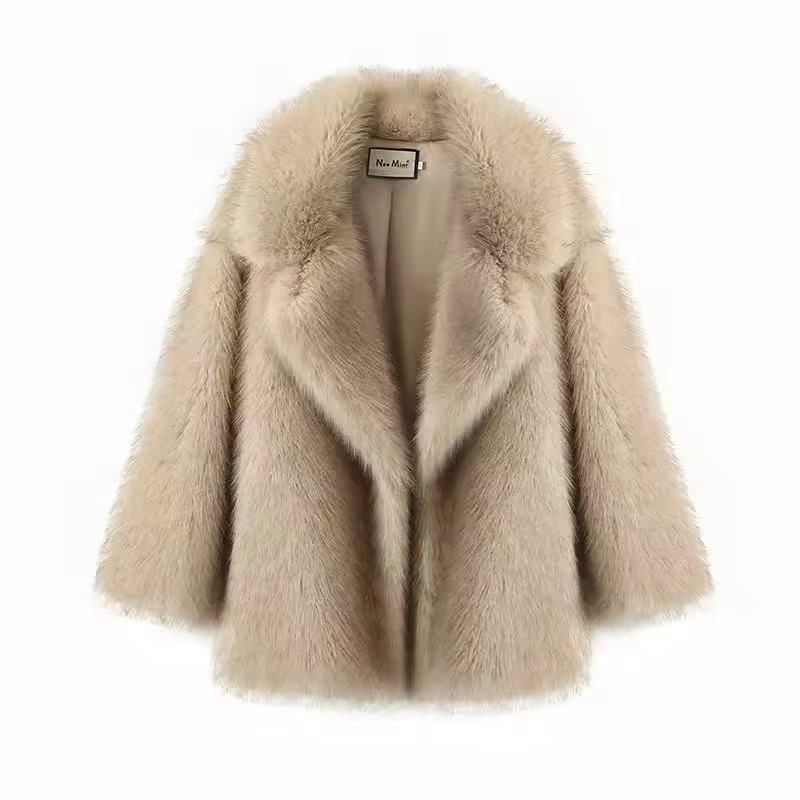 Manteau mi-long en fausse fourrure de renard pour femmes avec col style blazer