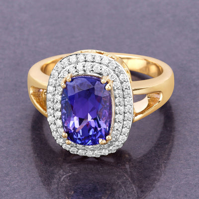 Bague en or jaune 14K avec tanzanite véritable de 3,33 carats et diamants blancs