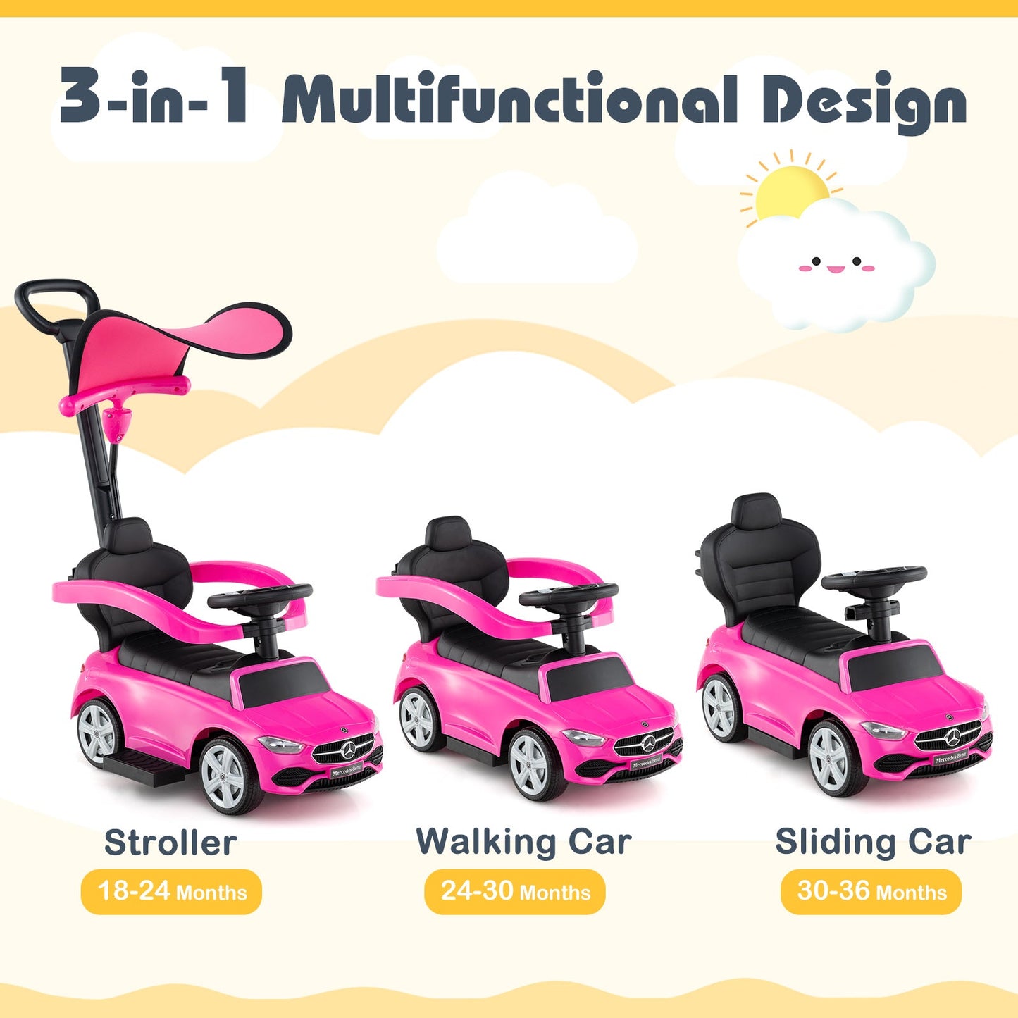 Mercedes-Benz Coche de Empuje 3 en 1 - Rosa