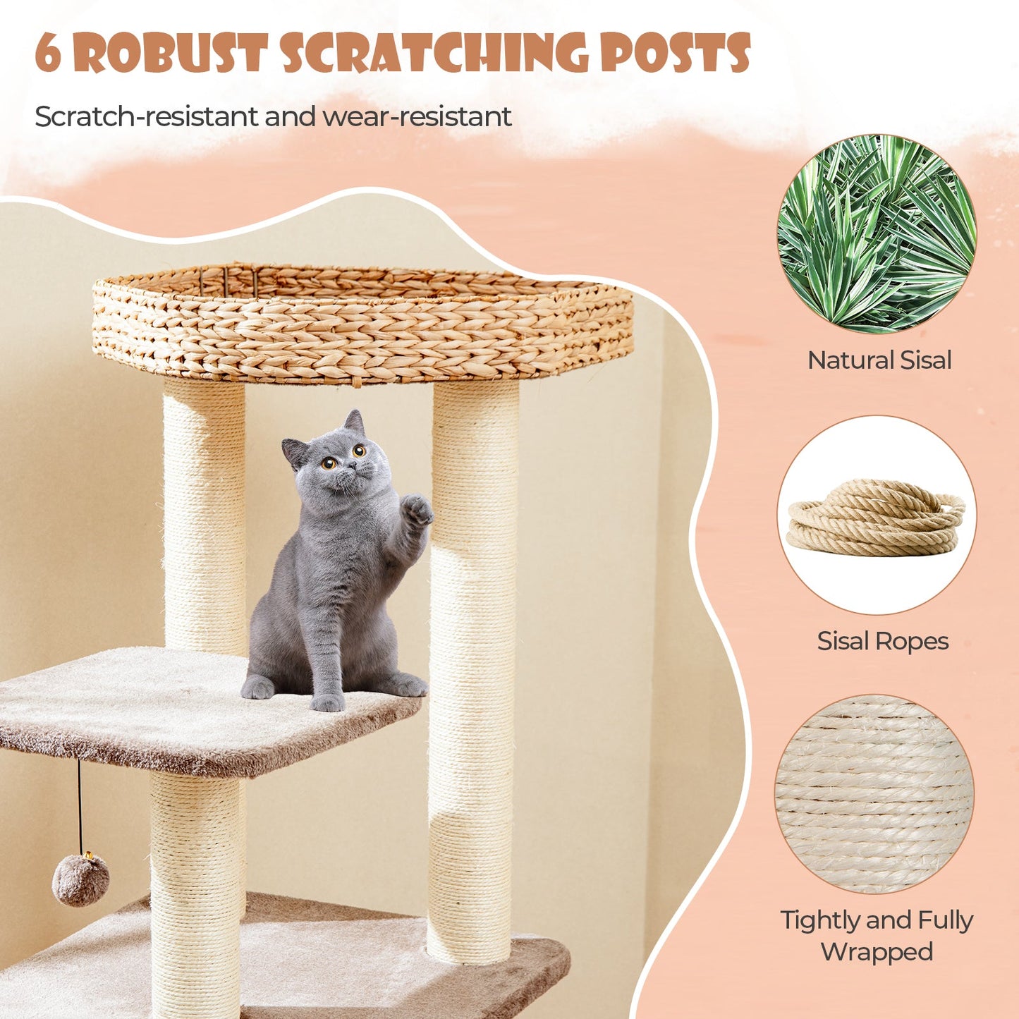 4-Layer Cat Tower with Scratching Posts and Washable Cushions - Coffee