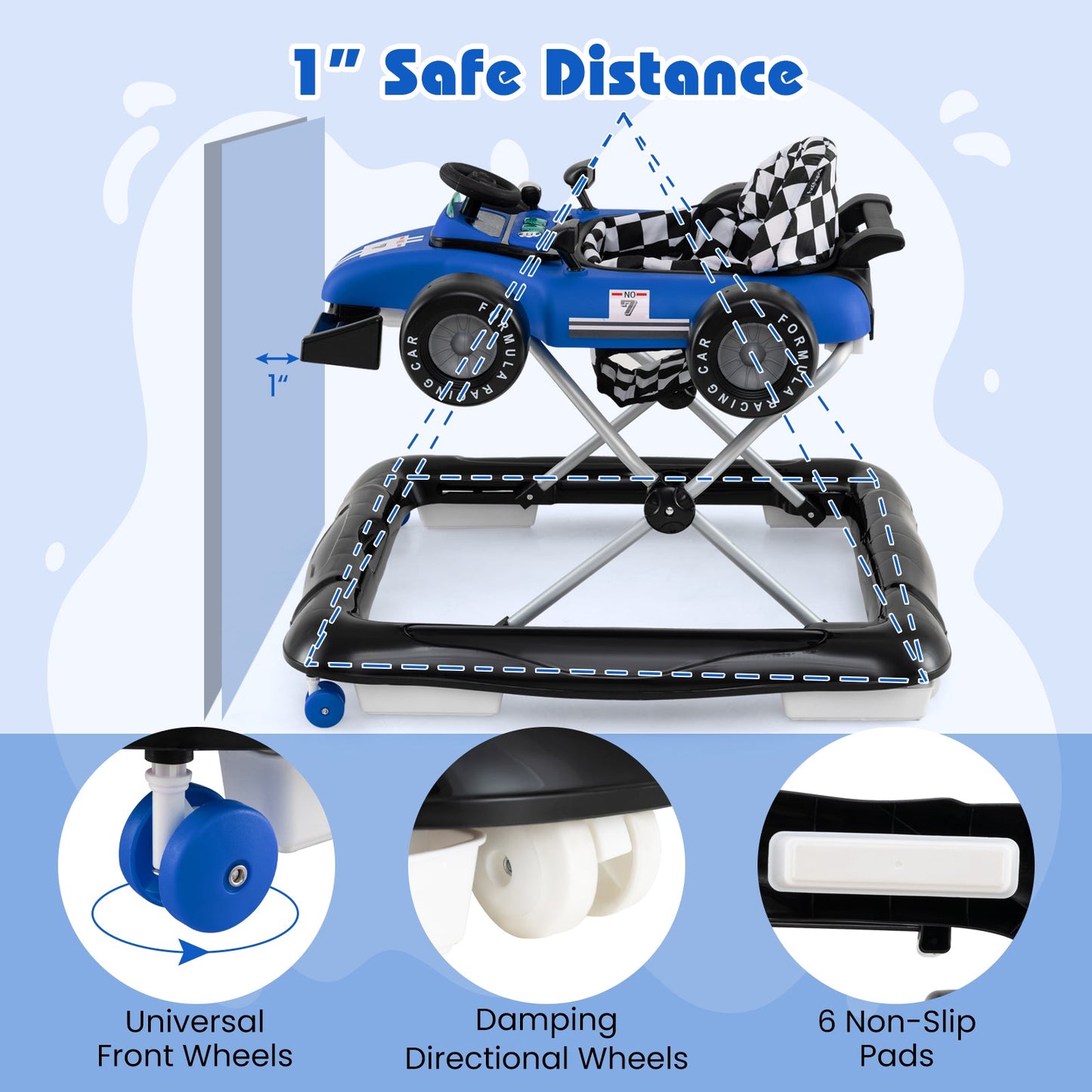 Centre d'activité pour bébé avec pousseur ajustable 4-en-1 - Bleu