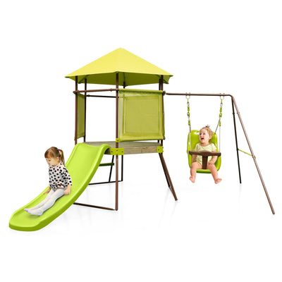 Columpio 4 en 1 con Casa de Juegos y Asiento Ajustable para Bebés - Verde