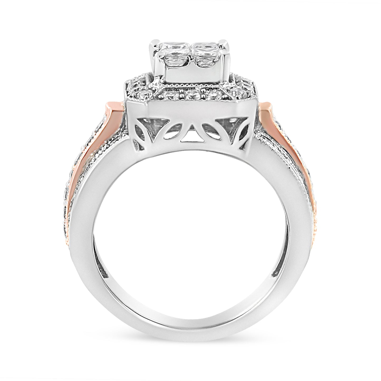 Anillo Halo Art Deco Triple Banda de Diamantes en Oro Blanco y Rosa de 14K - Talla 7