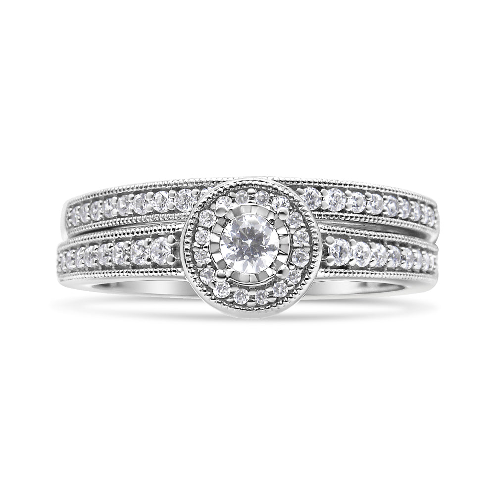 .925 Sterling Silver 1/2 Ctw Diamond Halo Engagement Ring Bridal Set