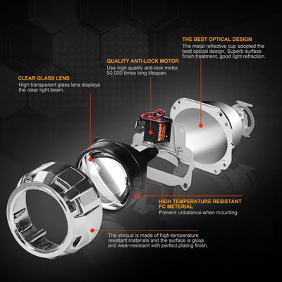 RACBOX 2Pcs 2.5 Inch Universal Bi Xenon HID Projector Lens Silver Black Shroud H1 Xenon LED Bulb H4 H7 Motorcycle Car Headlight - Korvel