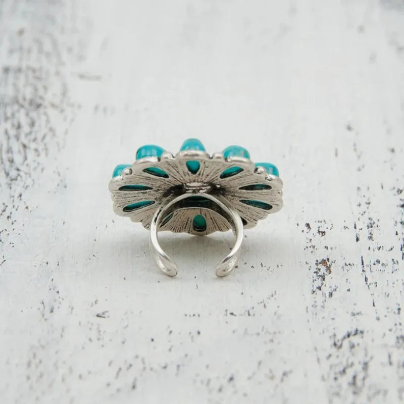 Artificial Turquoise Alloy Flower Ring - Korvel