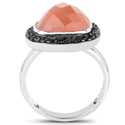 6.46 Carat Peach Moonstone & Black Spinel Sterling Silver Ring
