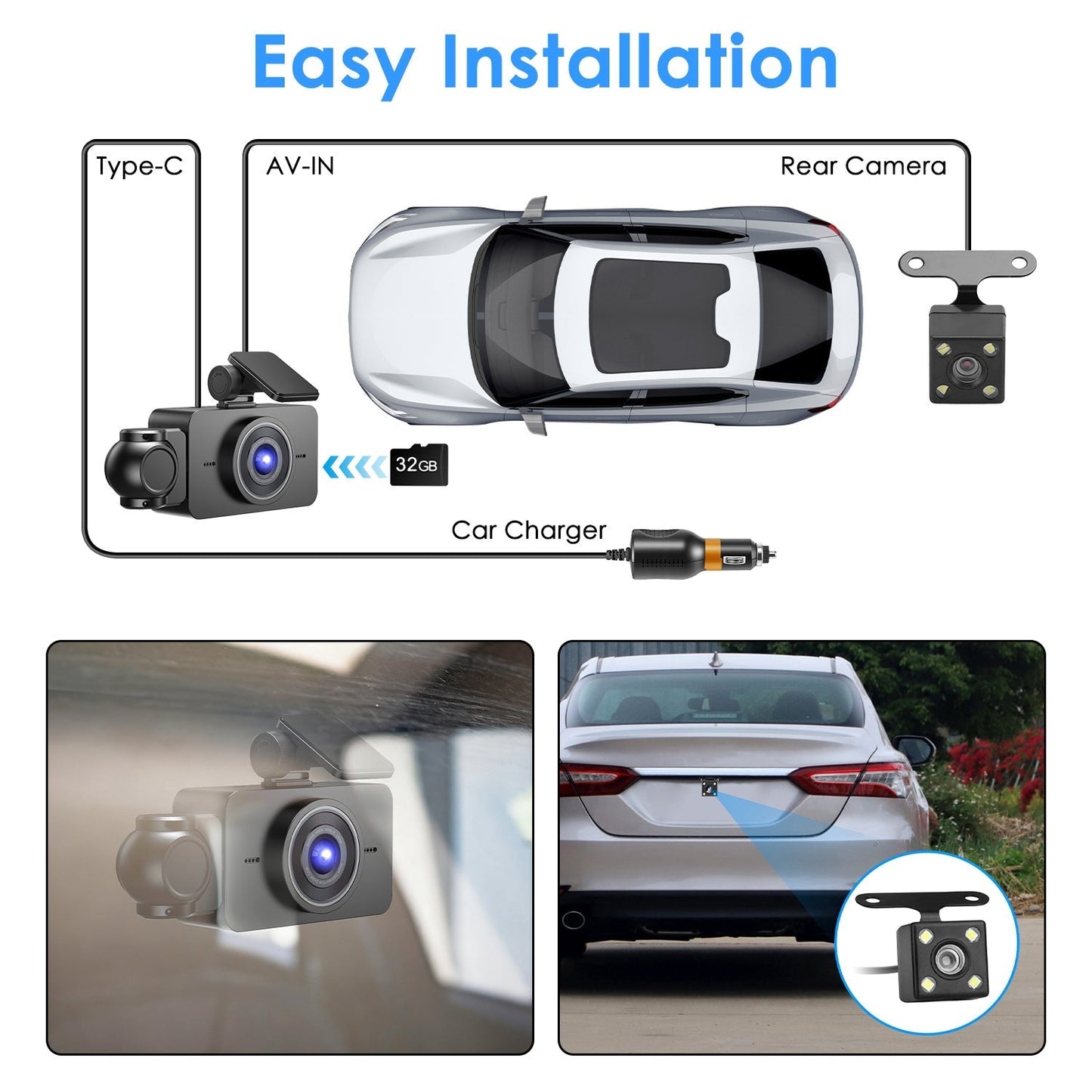 WiFi 1080P 3-Channel Dash Cam with Night Vision & 32GB Card