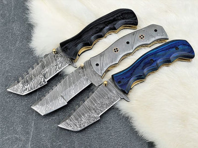 Set of 3 Premium Tactical Folding Knives – Unique Damascus Steel Blades with Exotic Wood Handles - Korvel