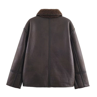 Womens Cozy Casual Double-Sided Leather-and-Fur Coat