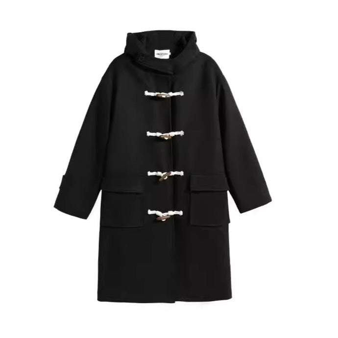 Elegant Long Black Woolen Toggle Coat for Women