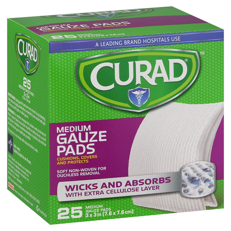 Curad Pro-Gauze Almohadillas de Gasa Premium – Extra Absorbentes y Suaves, 3" x 3", 25 Contenido