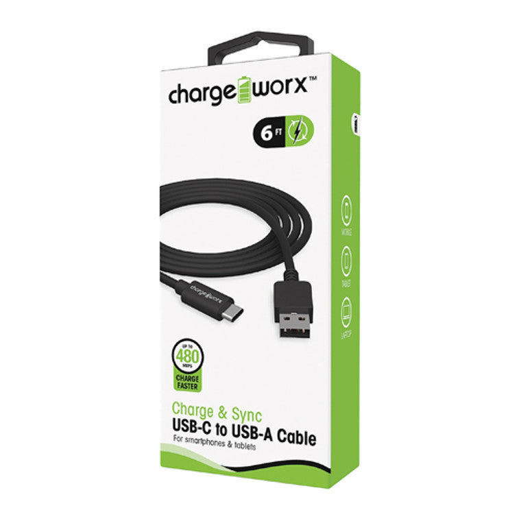 Câble de synchronisation et de charge Charge Worx® 6ft USB-C vers USB-A – Noir
