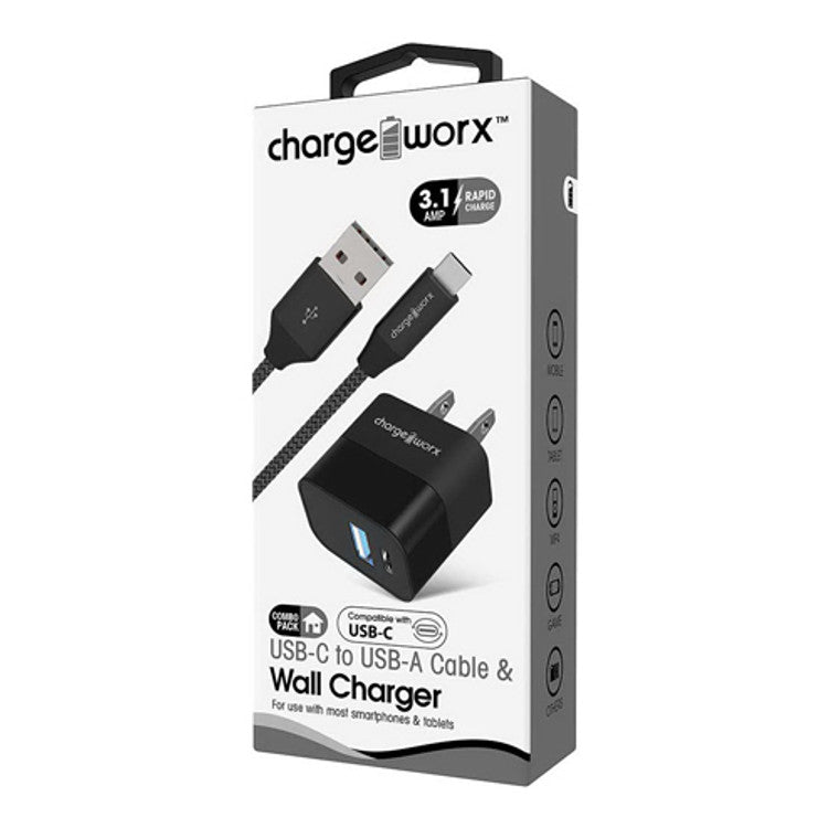 Cargador de pared Chargeworx USB+USB-C y cable USB-C, negro