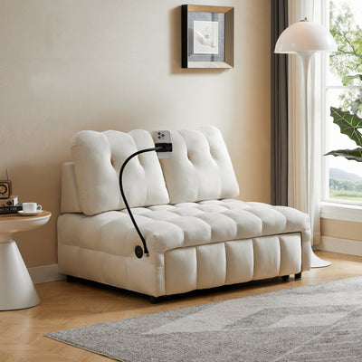 Beige Velvet Modern Sofa with Pull-Out Bed and USB Port