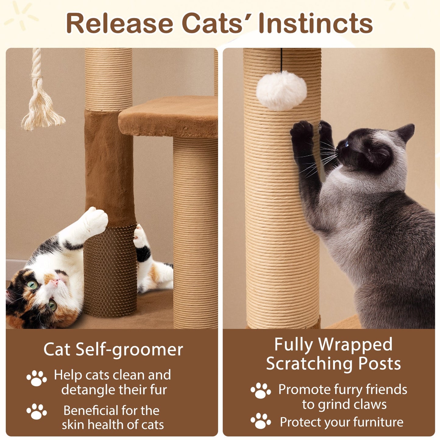 Árbol para Gatos Moderno de 44 Pulgadas con Perchero de Felpa y Características de Juego
