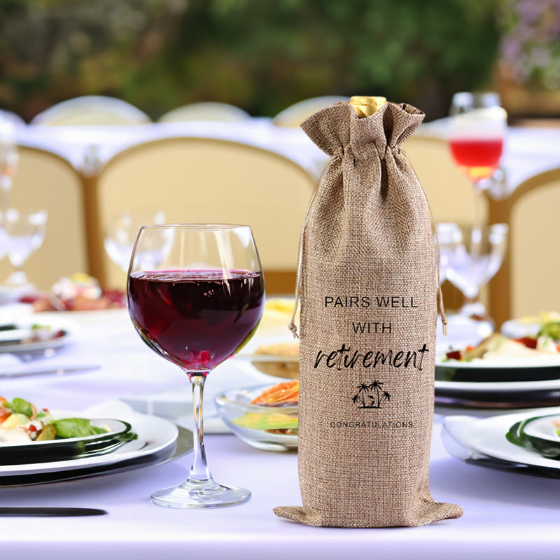 Red Wine Bag for Retirement Celebration: Party Wine Packaging Bag, Imitation Linen Drawstring Pouch, Gift Bag - Korvel