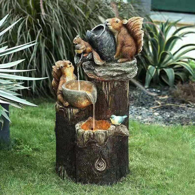 Solar resin duck garden fountain with LED squirrel design, outdoor decor (E2). - Korvel